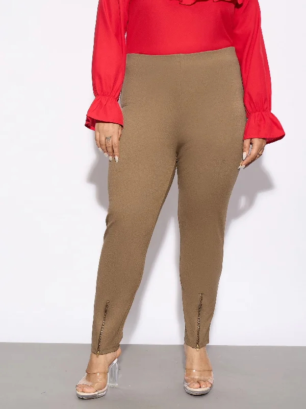 Women Beige Metal Zipper Hem Detail Pants Sophisticated Women's Tailored