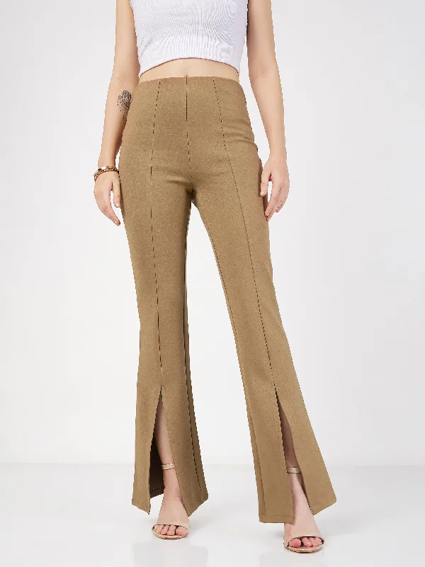 Women Beige Roma Front Slit Bell Bottom Pants Cashmere