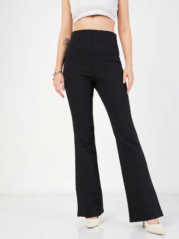 Women Black Bone Pocket Bell Bottom Pants Sophisticated Women's 