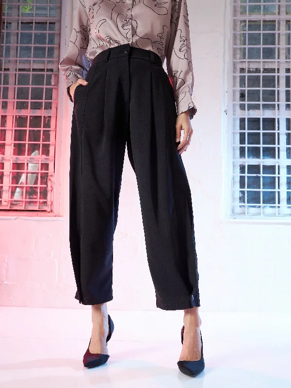 Women Black Button Hem Darted Balloon Pants Athletic Women's High - 