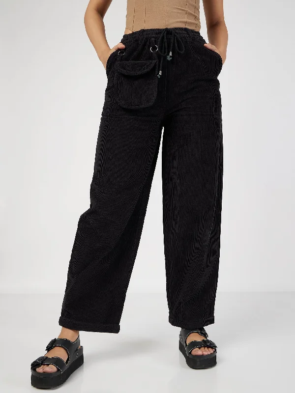 Women Black Corduroy Pouch Pocket Drawstring Pants Classic Women's Pin - striped