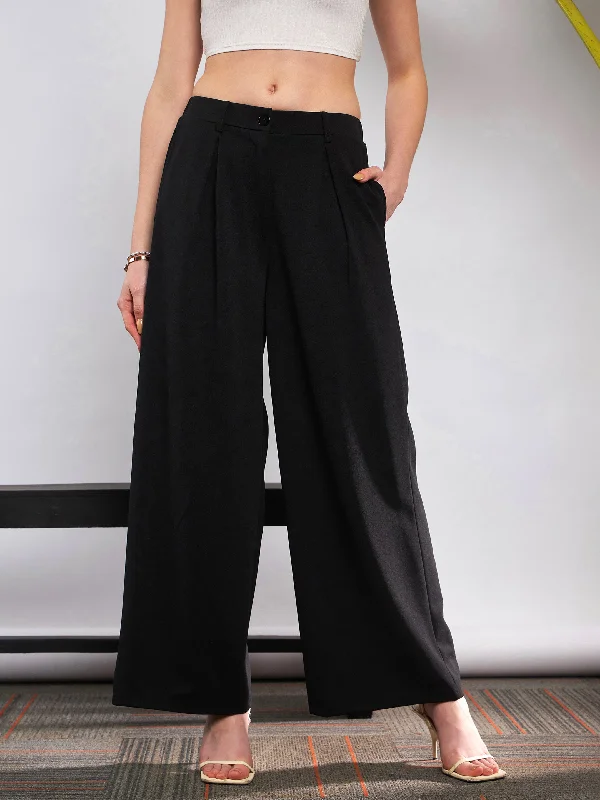 Women Black Front Pleated Loose Fit Korean Pants Elegant Women's Formal 