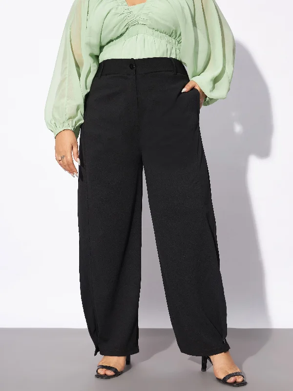 Women Black Hem Button Detail Straight Pants performance