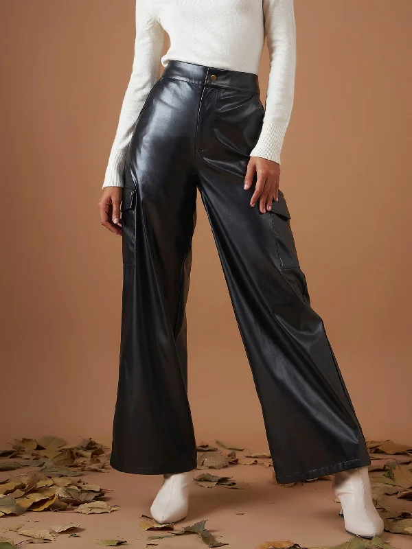 Women Black PU Flap Pocket Straight Pants Modern Women's Tech