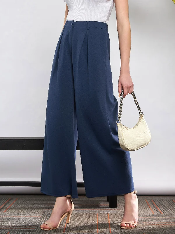 Women Blue Front Pleated Loose Fit Korean Pants Edgy Women's Punk