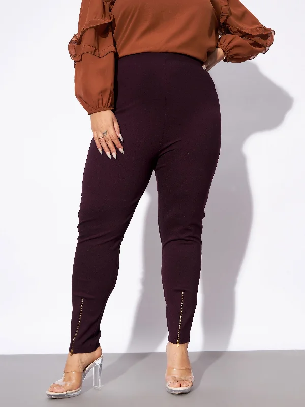 Women Burgundy Metal Zipper Hem Detail Pants Unique Women's Upcycled