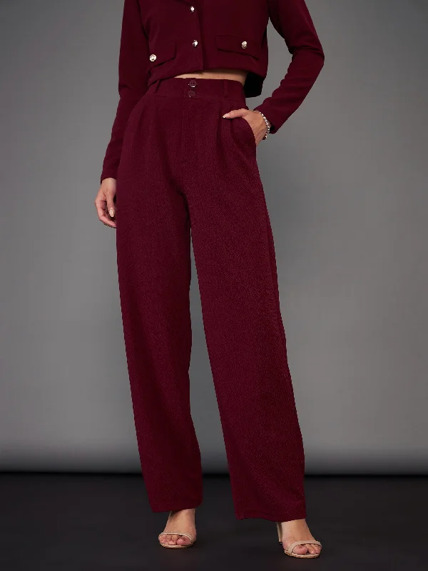 Women Burgundy Pleated Straight Pants Rugged Women's Outdoor 