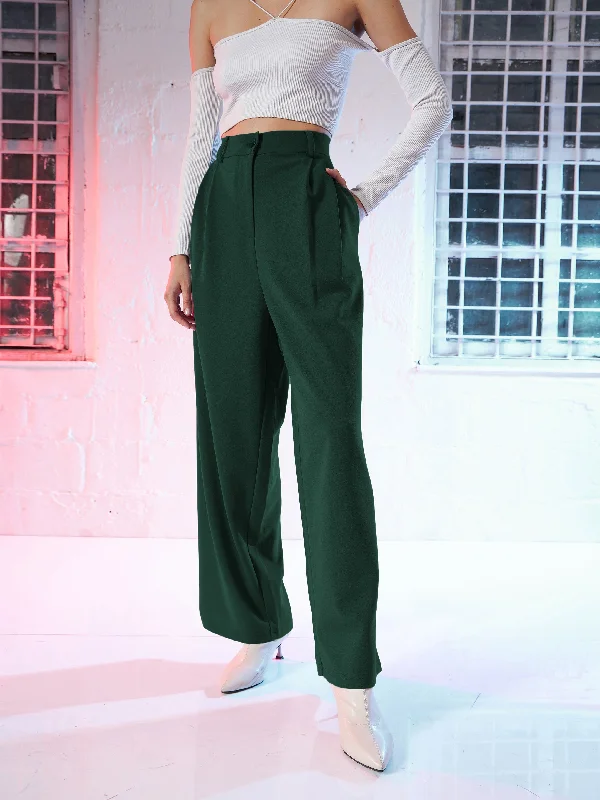 Women Emerald Green Korean Pleated Loose Fit Pants Trendy Women's 