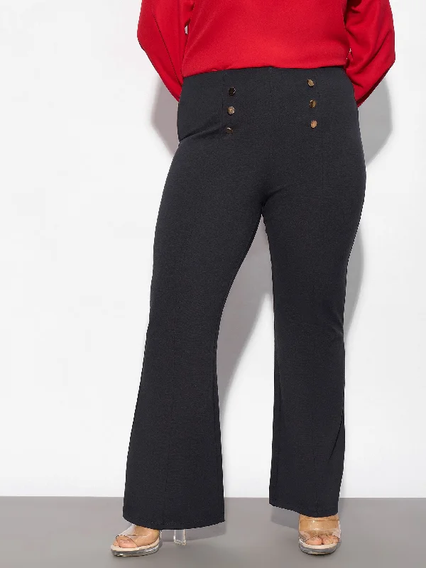 Women Grey Mock Button Detail Bell Bottom Trousers Dapper Women's Bow - adorned