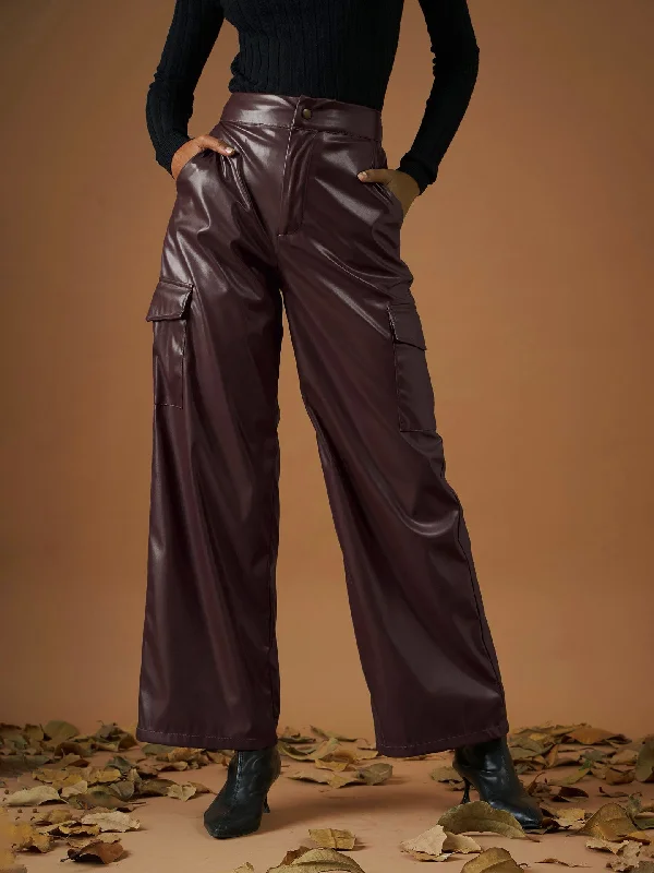Women Maroon PU Flap Pocket Straight Pants Street