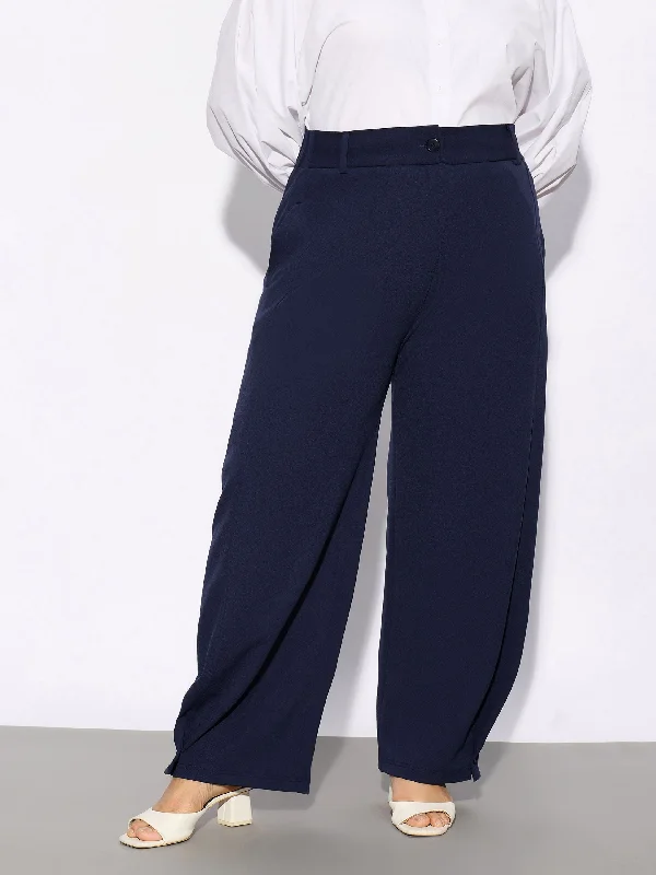Women Navy Hem Button Detail Straight Pants Classic Women's Tweed