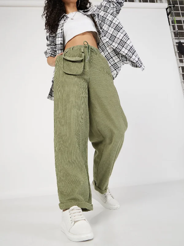 Women Olive Corduroy Pouch Pocket Drawstring Pants Minimalist Women's Casual