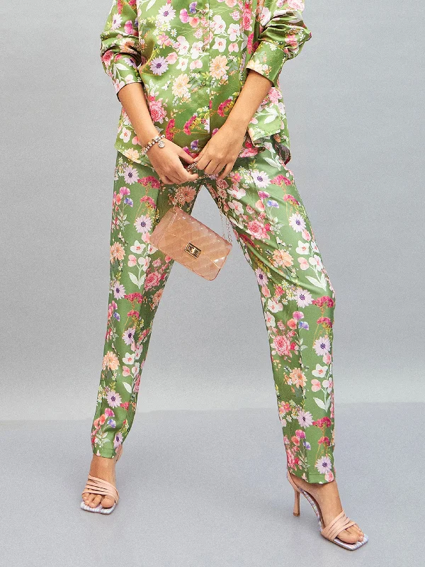 Women Olive Satin Floral Darted Pants Youthful Women's Pop