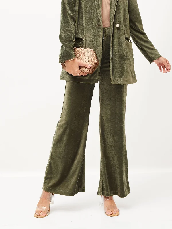Women Olive Velvet Bell Bottom Pants Artistic Women's Hand - painted