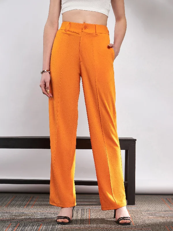 Women Orange Front Darted Knitted Straight Pants Minimalist Women's Casual