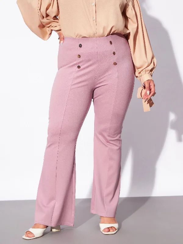 Women Pale Pink Mock Button Detail Bell Bottom Trousers Confident Women's High - fashion