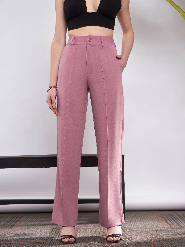 Women Pink Front Darted Knitted Straight Pants Classic Women's Pin - striped