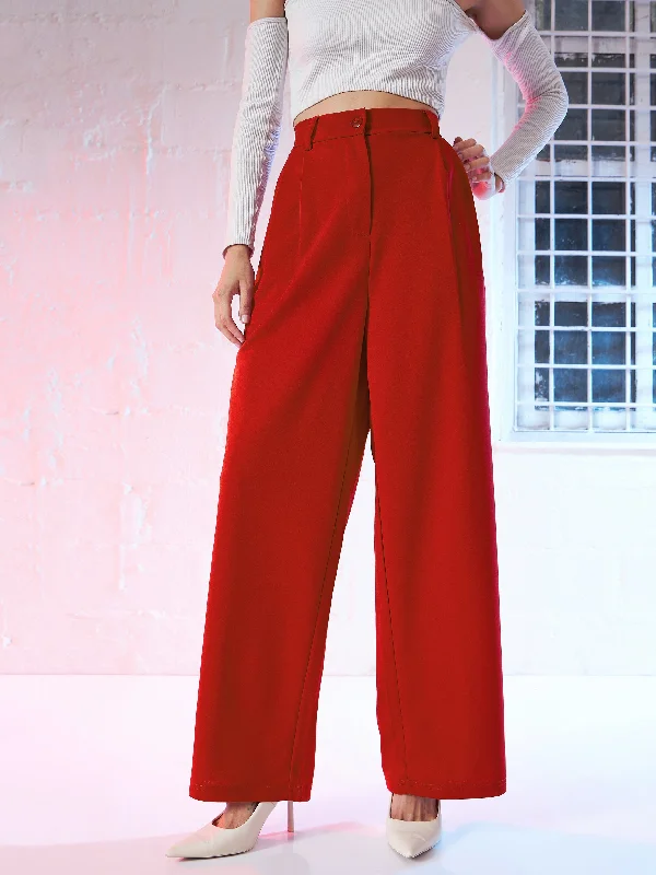 Women Red Korean Pleated Loose Fit Pants Vacation