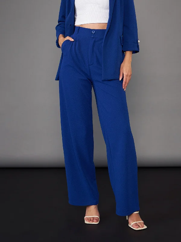Women Royal Blue Pleated Straight Pants Sporty Women's Athleisure 