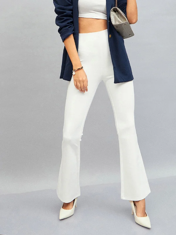 Women White Bell Bottom 4-Way Stretch Pants Laid - back Women's Style