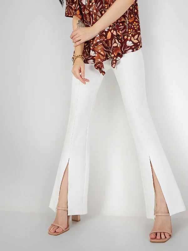 Women White Roma Front Slit Bell Bottom Pants Stylish Women's Neon