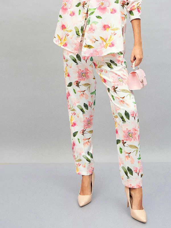 Women White Satin Floral Darted Pants performance