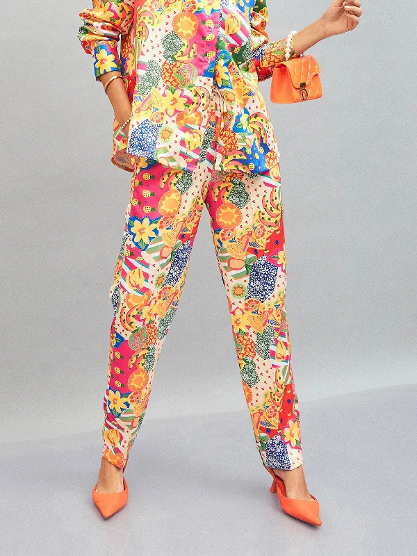 Women Yellow Multi Satin Abstract Darted Pants Practical Women's Multi - 
