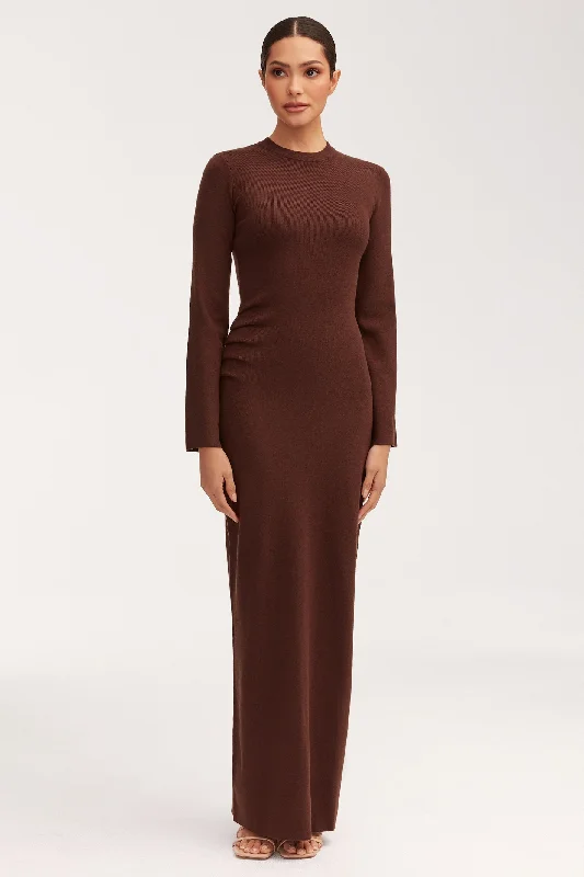 Abigail Rouched Knit Maxi Dress - Dark Brown Disco