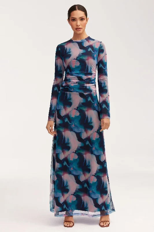 Adelina Rouched Mesh Maxi Dress - Blue Tie Dye Modern Women's Tech