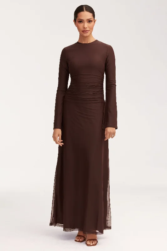 Adelina Rouched Mesh Maxi Dress - Chocolate Plum Laid - back Women's Style