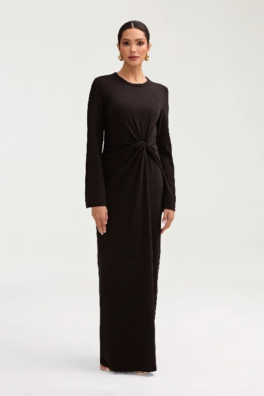 Aissia Ribbed Twist Front Maxi Dress - Black Casual Women's Loose - fitting