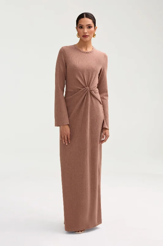 Aissia Ribbed Twist Front Maxi Dress - Brownie Trendy Women's Oversized