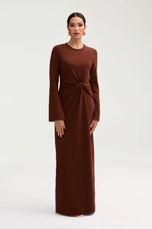Aissia Ribbed Twist Front Maxi Dress - Chocolate Earthy Women's 