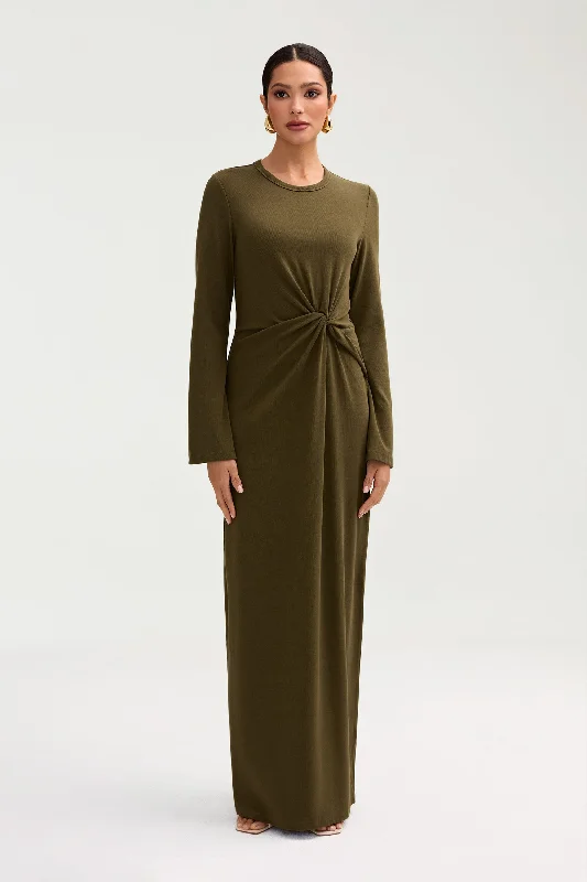 Aissia Ribbed Twist Front Maxi Dress - Olive Night Polished Women's Silk