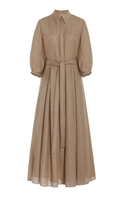 Andy Pleated Maxi Shirtdress in Khaki Virgin Wool Cashmere Cashmere