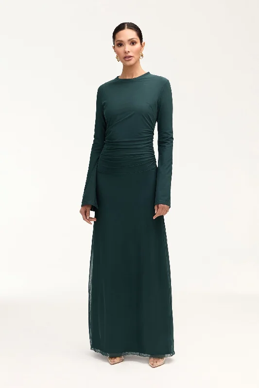 Arianna Rouched Mesh Maxi Dress - Enchanted Forest Geometric