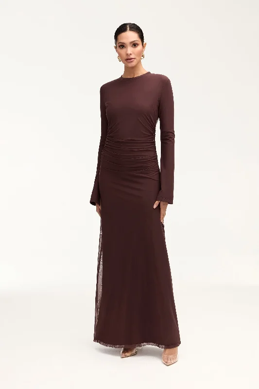 Arianna Rouched Mesh Maxi Dress - Espresso Athletic Women's 