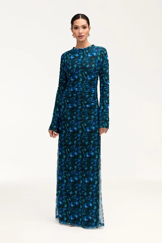 Arianna Rouched Mesh Maxi Dress - Floral Watercolor Youthful Women's Anime - inspired