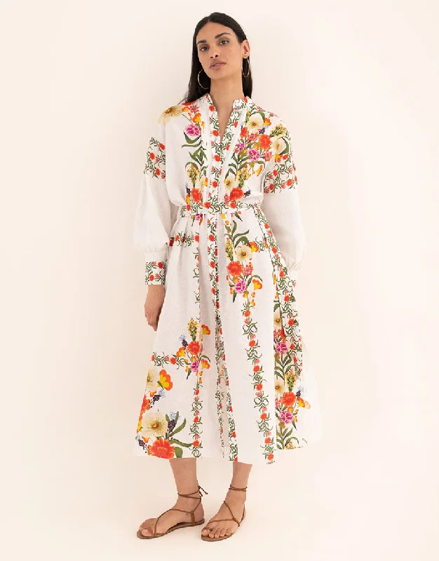 Camilla Linen Midi Dress - Vila Floral White Earthy Women's Hemp - based