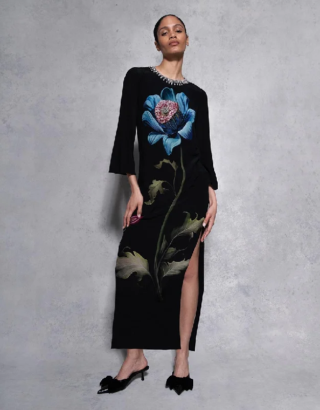 Capucine Crepe Midi Dress - Painterly Flower Dapper Women's 1920S