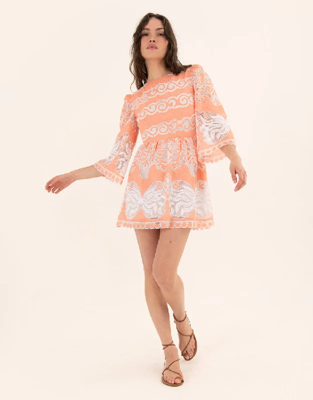 Carly Lace Mini Dress - Sunbath Coral Dapper Women's Bow - adorned
