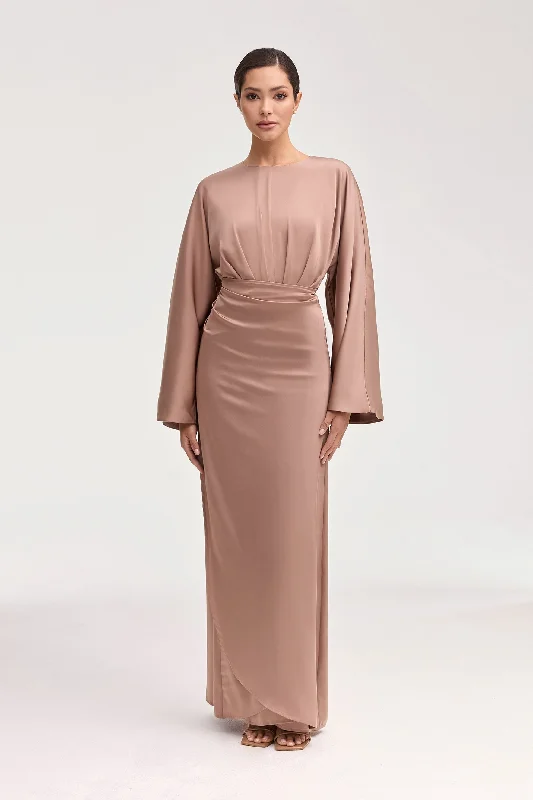 Cedra Satin Wrap Maxi Dress - Caffe Dapper Women's Bow - adorned