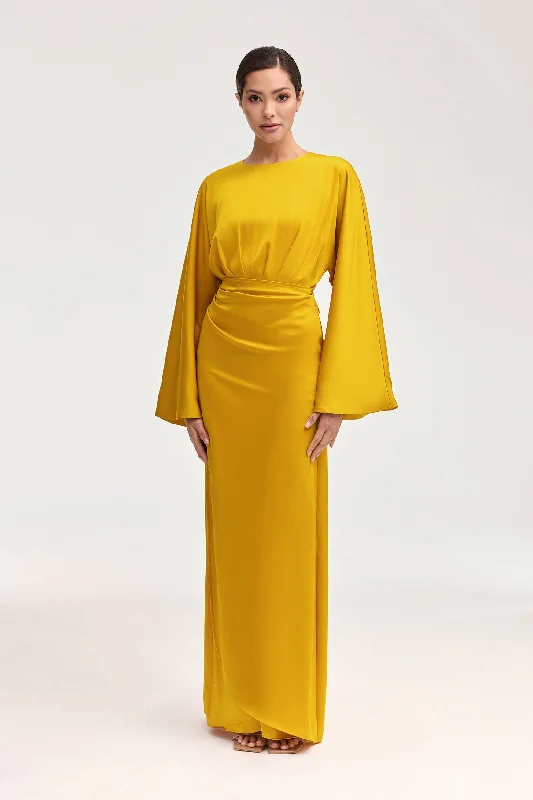 Cedra Satin Wrap Maxi Dress - Honey Minimalist Women's Casual