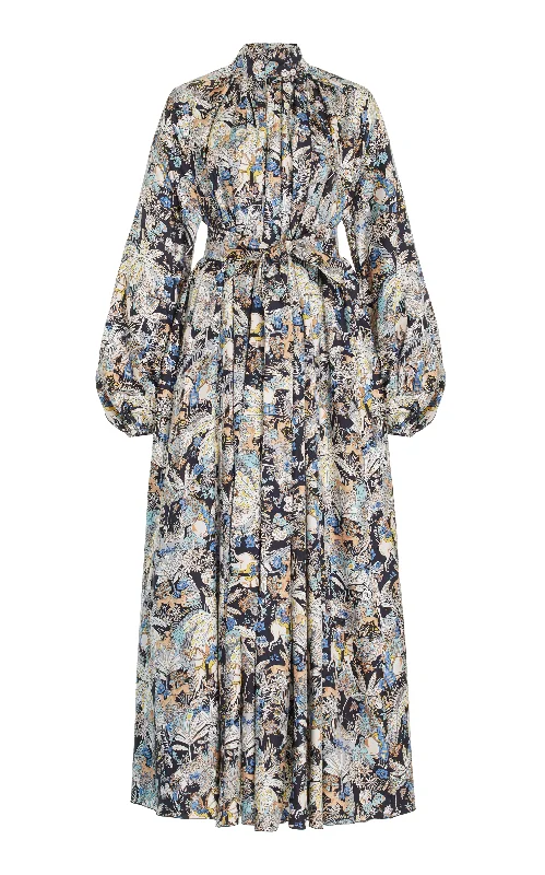 Cedric Pleated Maxi Dress in Blue Multi Printed Silk Twill Business