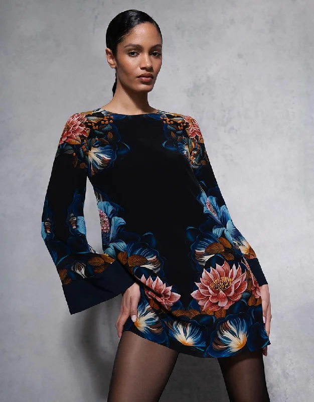 Cocoa Crepe Mini Dress - Painterly Flower Sophisticated Women's Tailored