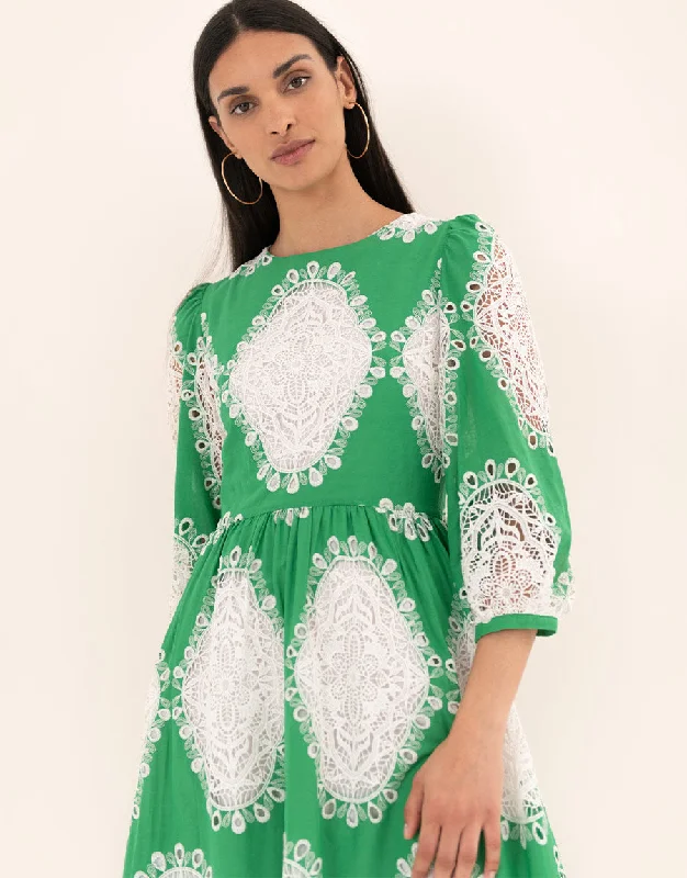 Constance Broderie Anglaise Midi Dress - Green Geometric