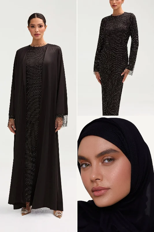 Crystal Satin Abaya & Dress Set & Matching Hijab in Black Bundle Set Sustainable Organic