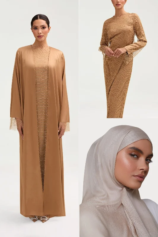 Crystal Satin Abaya & Dress Set & Matching Hijab in Champagne Bundle Set Modern Women's 