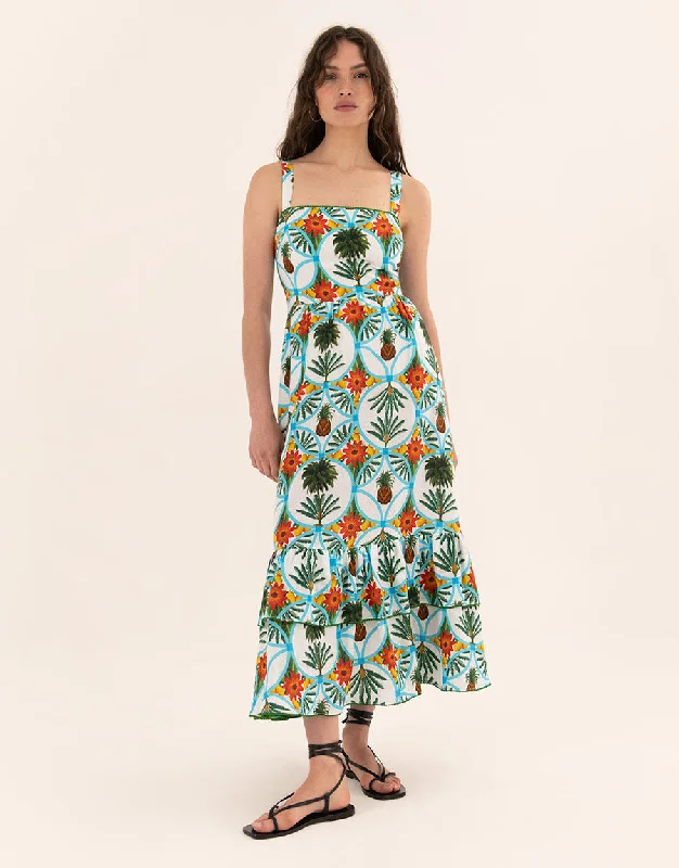 Dani Linen Midi Dress - Palm White Modern Women's 