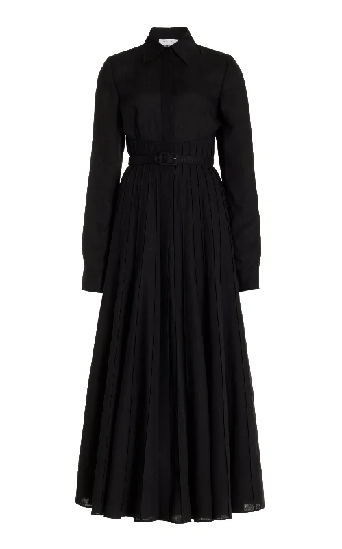 Dewi Pleated Maxi Shirtdress in Black Aloe Linen Luxurious Women's High -  end
